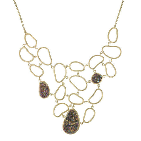 18K YG Plated, Peacock Drusy And Mother-Of-Pearl Oval Cabochon Necklace