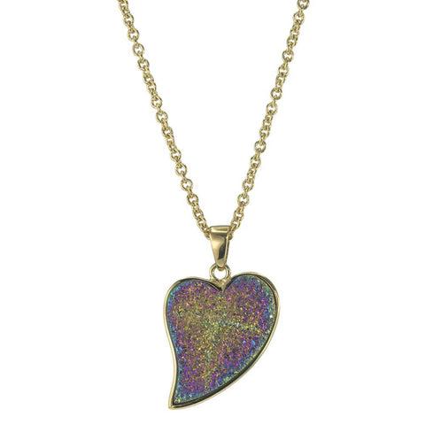 18Kt YG Plated Brass, Peacock Drusy Abstract Heart Pendant Necklace