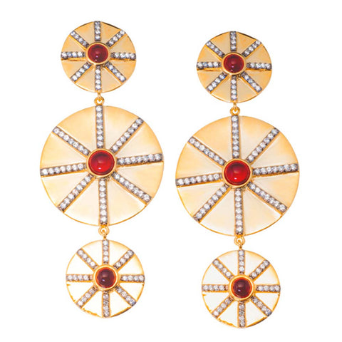 Two-Tone, 18K YG And Rhodium Plated, Red Lucite And CZ Statement Disc Earrings