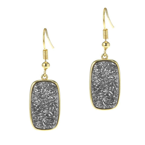 18K YG Plated, Abstract Silver Drusy Drop Earrings