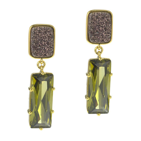 18K YG Plated, Rectangular Brown Drusy And Olive Crystal Drop Earrings
