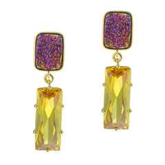 18K YG Plated, Rectangular Peacock Drusy And Topaz Crystal Earrings