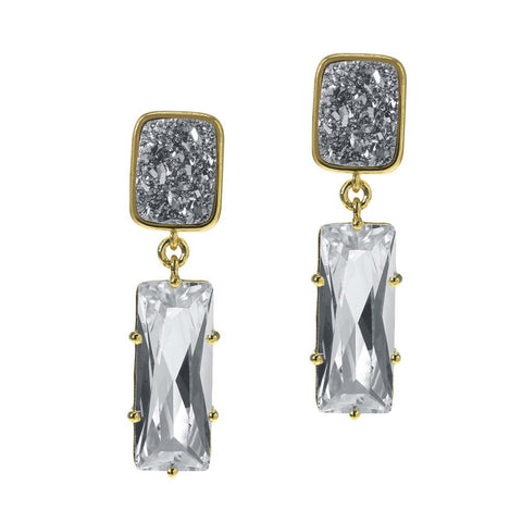 18K YG Plated, Rectangular Silver Drusy And Crystal CZ Earrings