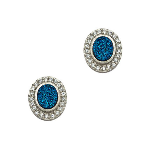 Rhodium Plated, Blue Drusy and CZ Embellished Stud Earrings
