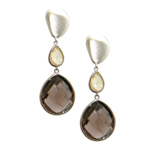 Rhodium Plated Sterling Silver, Smokey Quartz And Citrine Faceted Teardrop Earrings