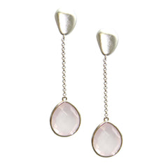 Rhodium Plated Sterling Silver, Rose Quartz Tear Drop Linear Chain Earrings