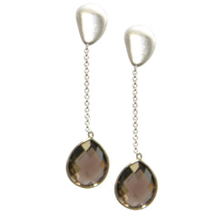 Rhodium Plated Sterling Silver, Smokey Quartz Tear Drop Linear Chain Earrings