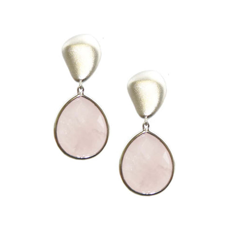 Rhodium Plated Sterling Silver, Matte Finish, Rose Quartz Tear Drop Earrings