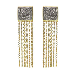 18K YG Plated, Square Silver Drusy Chain Tassle Earrings