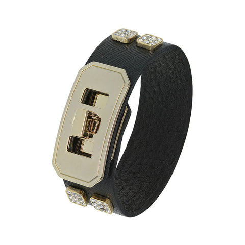 18K YG and Rhodium Plated 3 Crystal Gray Leather Thick Link Snap Bracelet