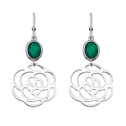 Rhodium Plated, Oval Green Onyx Cut-out Rose Earrings