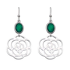 Rhodium Plated, Oval Green Onyx Cut-out Rose Earrings