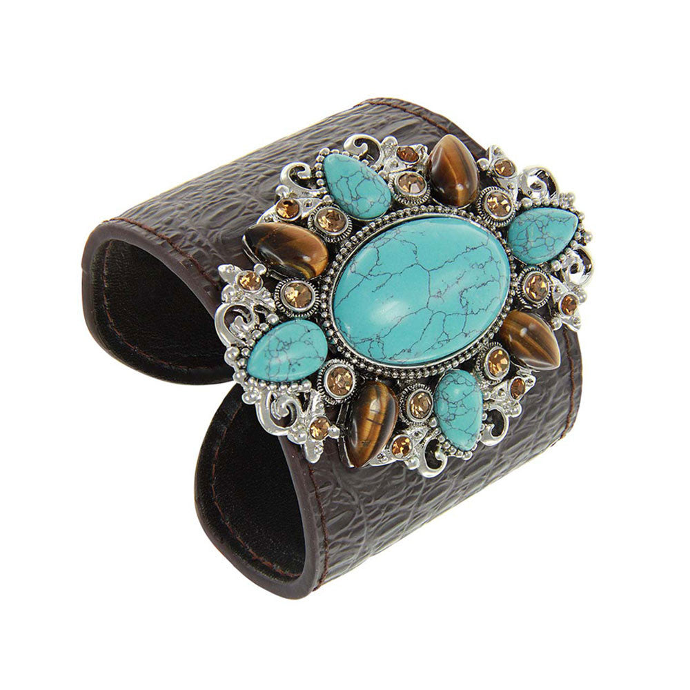Medallion Leather Cuff  ASIAN TURQUOISE and TIGER EYE
