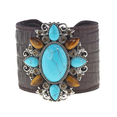 Medallion Leather Cuff  ASIAN TURQUOISE and TIGER EYE