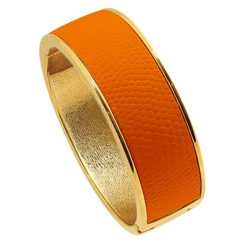 18K YG and Rhodium Plated 3 Crystal Orange Leather Thick Link Snap Bracelet