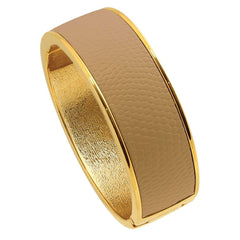 18K YG Plated  "Cali" Beige Faux Lizard Embossed Leather Hinged Bangle