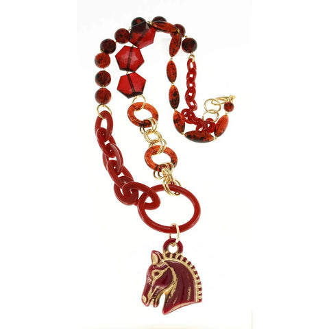 18K Plated "Regal Stallion" Long Pendant with Faceted Beads Necklace