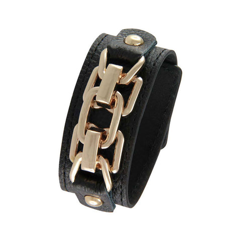 18K YG Plated Black Leather Chain Link Design Snap Bracelet