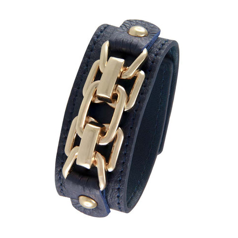 18K YG and Rhodium Plated 3 Crystal Navy Leather Thick Link Snap Bracelet