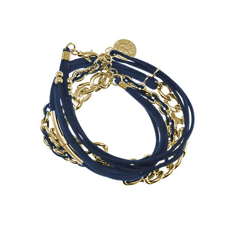18K YG Plated  Blue Leather Chain Link Design Snap Bracelet