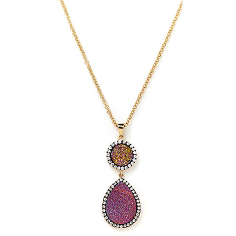 18K YG Plated, CZ and Purple Drusy Drop Pendant Necklace