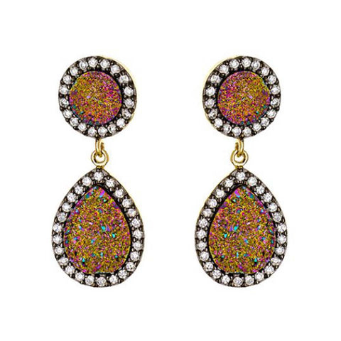 18Kt YG Plated Brass, Cz And Purple Drusy Circle Drop Earrings