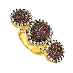 18K YG Plated, Purple Drusy and CZ, Triple Stone Ring