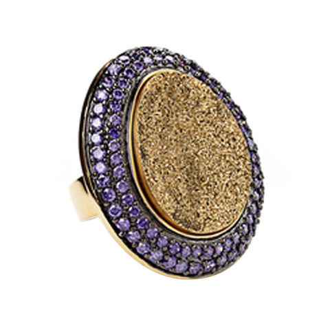 Two-Tone, 18K YG And Black Rhodium Plated, Gold Drusy and Tanzanite CZ Cocktail Ring