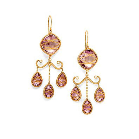 14K YG Plated Faceted Amethyst and Fuchsia Glass Pear Drop Earrings