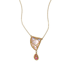 14K Goldfilled, Abstract Chain Wrapped  Rose Quartz And Pink Topaz Pendant Charm Necklace
