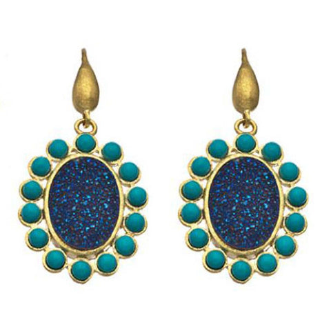 18K YG Plated, Blue Titanium Drusy and Turquoise Cabochon Earrings
