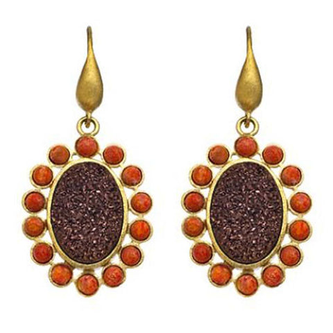 18K YG Plated, Bronze Drusy And Sponge Coral Cabochon Earrings