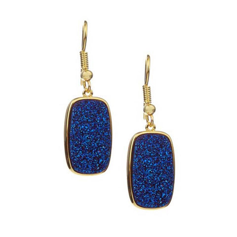 18K YG Plated, Rectangular Blue Drusy Drop Earrings