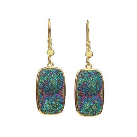 18K YG Plated, Rectangular Peacock Drusy Drop Earrings