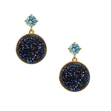 18K YG Gold Plated, Blue Drusy And CZ Circle Drop Earrings