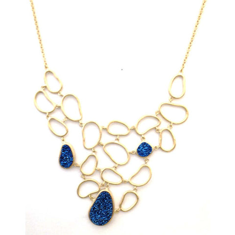 18K YG Plated, Abstract Blue Drusy Cut-out Bib Necklace