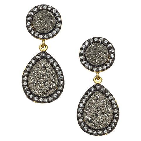 Two-Tone, 18K YG And Black Rhodium Plated, Silver Drusy and CZ Drop Earrings