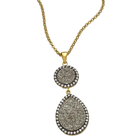 Two-Tone, 18K YG And Black Rhodium Plated, CZ and Silver Drusy Pendant Necklace