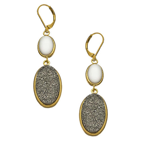 18K YG Plated, Oval Silver Drusy And White Agate Drop Earrings