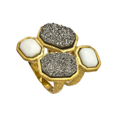 18K YG Plated, Silver Drusy And White Agate Mosaic Statement Ring