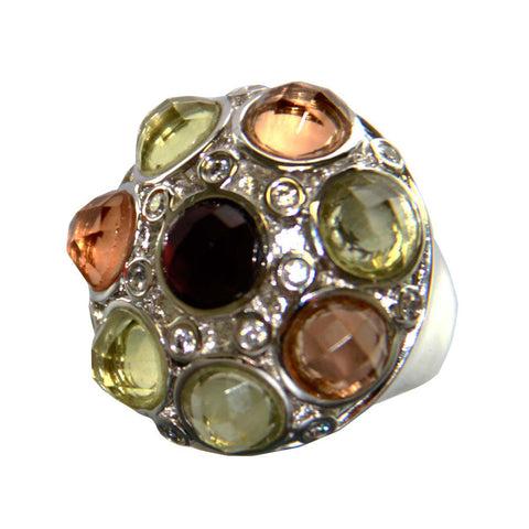 Rhodium Plated Brass, Smoke Topaz, Green And Orange Crystal Statement Ring
