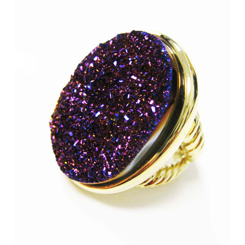 18K YG Plated, Gold Drusy And Amethyst Cz Cocktail Ring
