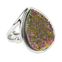 Rhodium Plated, Peacock Teardrop Drusy Ring