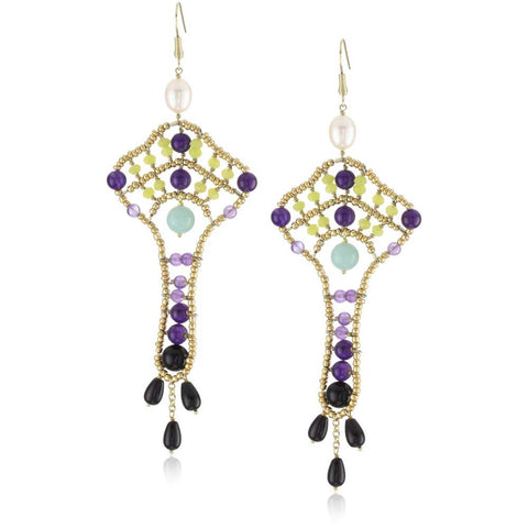 14K YG Plated Faceted Amethyst And Fuchsia Glass Double Drop Earrings