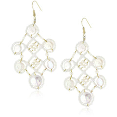 18K YG Plated, White Coin Pearl And Seed Bead Statement Earrings