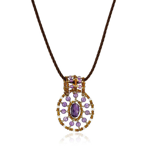 17 Inch, 18Kt YG Plated Brass, Amethyst Seed Bead Pendant Necklace On Cord