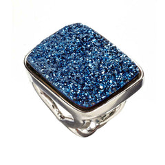 Rhodium Plated, Large Rectangular Blue Titanium Drusy Ring