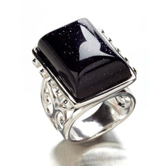 Rhodium Plated, Midnight Goldstone Cabochon Ring