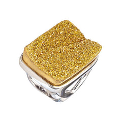 Rhodium Plated, Large Rectangular Gold Drusy Ring