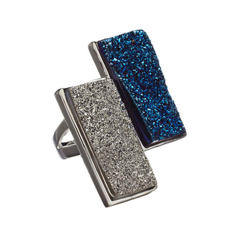 Rhodium Plated, Rectangular Silver and Blue Drusy Duet Ring
